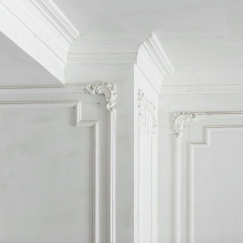 moulures anciennes ornant un plafond avec détails sculptés typiques des décors historiques