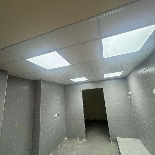 Faux plafond installé dans une pièce aux murs carrelés pour une finition soignée et fonctionnelle