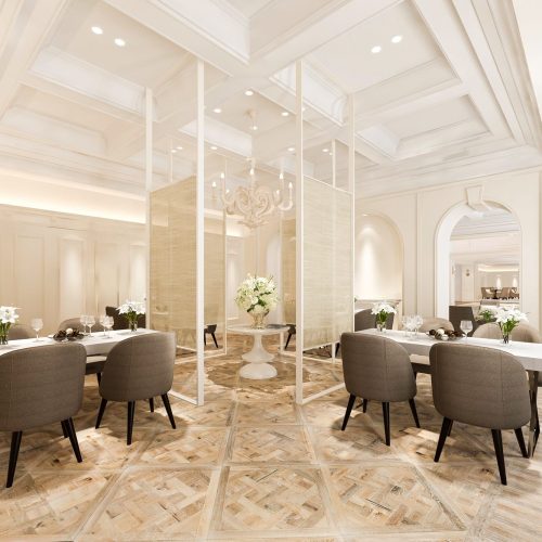 moulures rétroéclairées intégrées à un faux plafond créant une ambiance lumineuse et élégante dans un restaurant